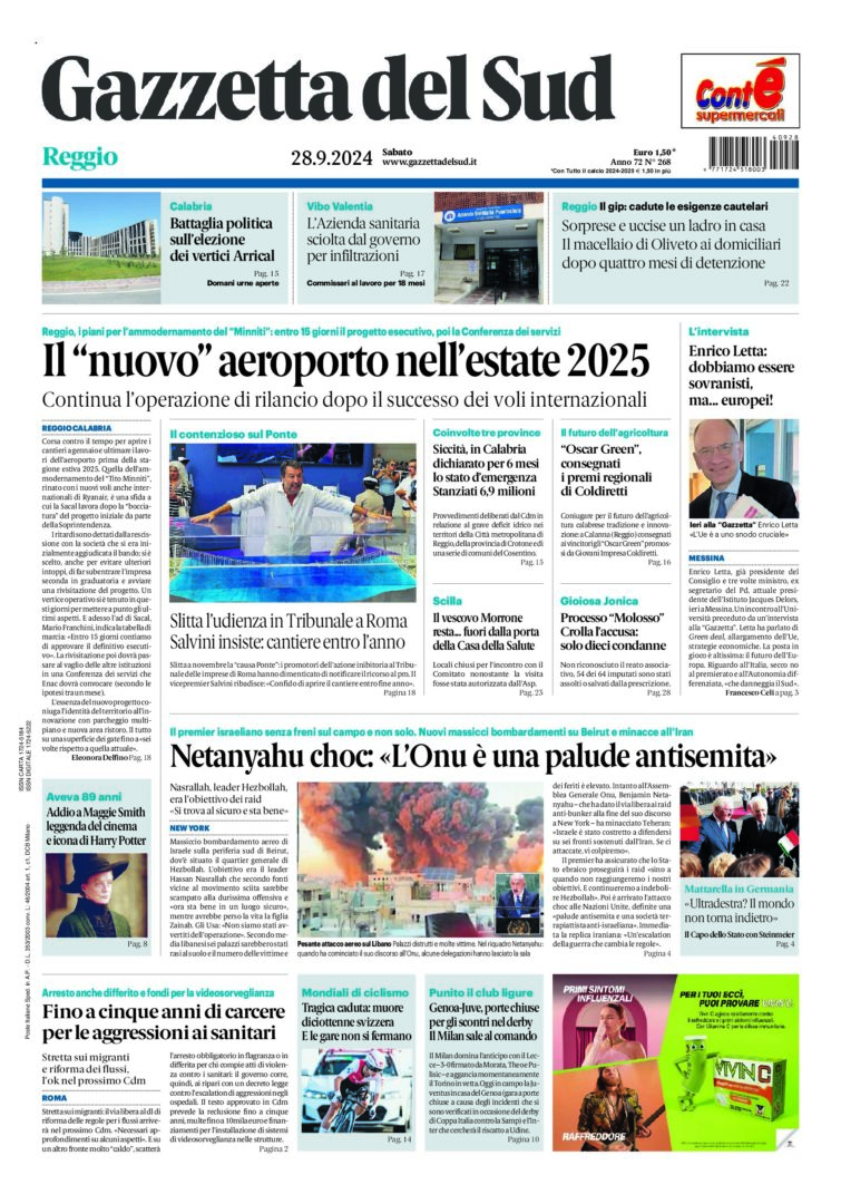 Prima-pagina-gazzetta-del-sud-calabria-di-oggi-28-09-2024