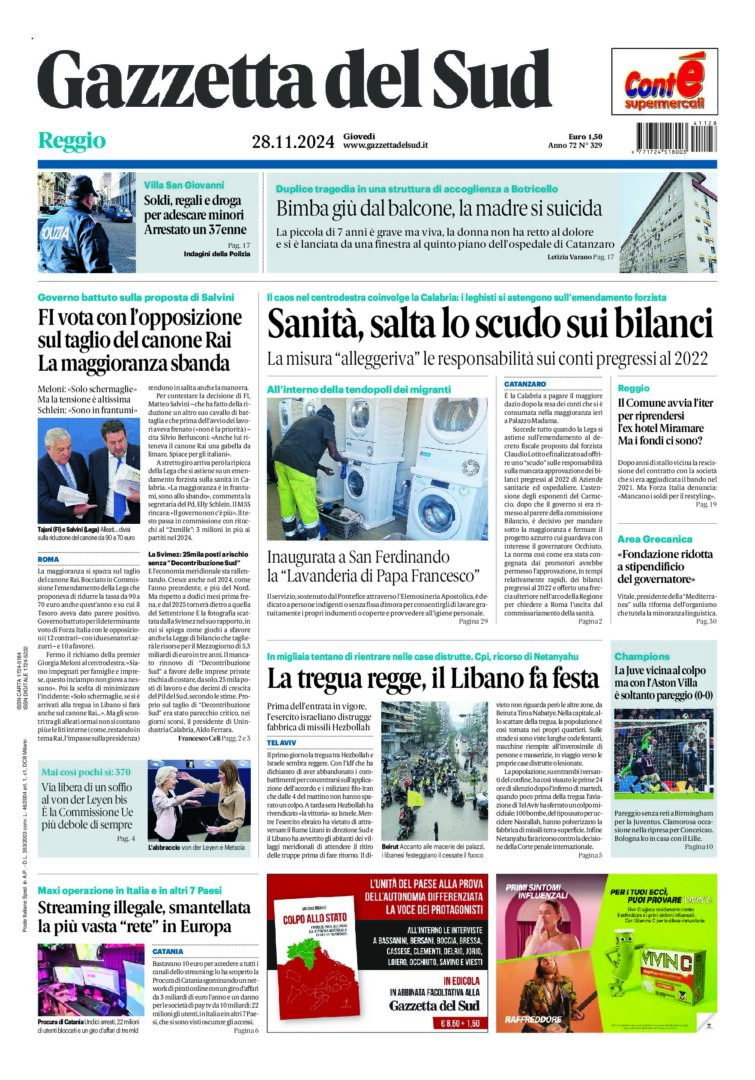 Prima-pagina-gazzetta-del-sud-calabria-di-oggi-28-11-2024