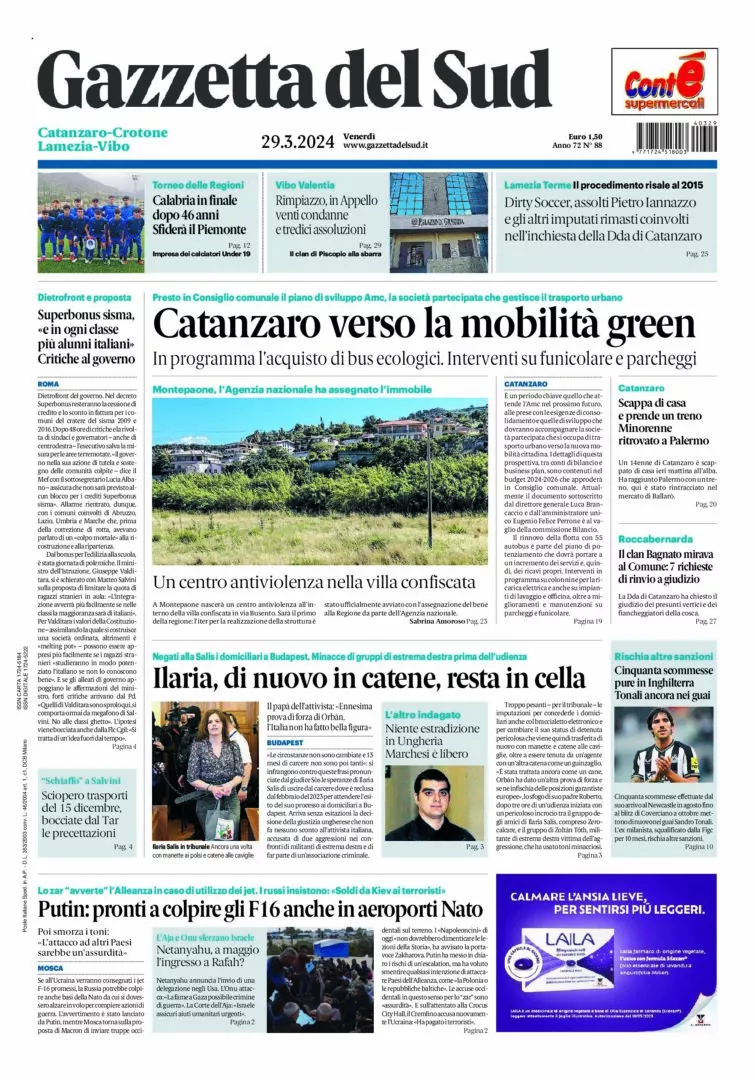 Prima-pagina-gazzetta-del-sud-calabria-di-oggi-29-03-2024