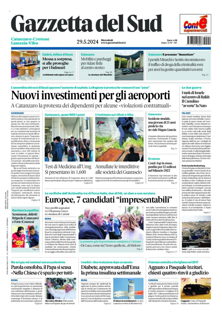 Prima-pagina-gazzetta-del-sud-calabria-di-oggi-29-05-2024