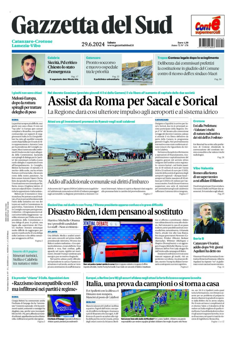 Prima-pagina-gazzetta-del-sud-calabria-di-oggi-29-06-2024