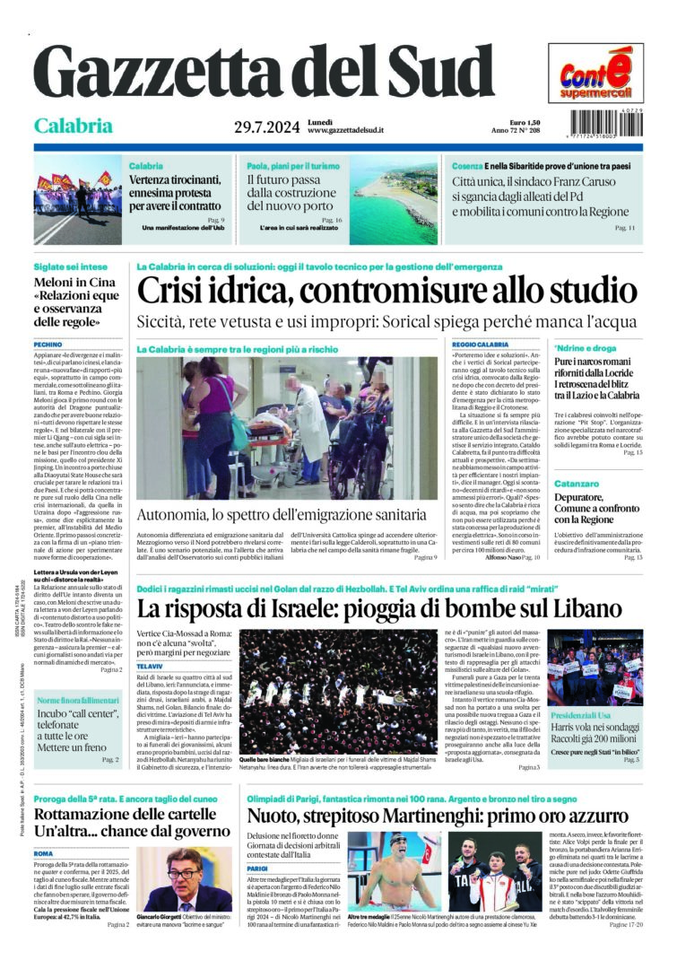 Prima-pagina-gazzetta-del-sud-calabria-di-oggi-29-07-2024