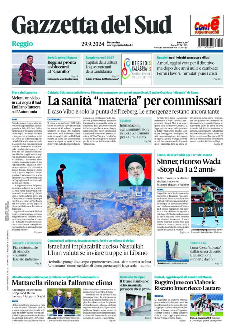 Prima-pagina-gazzetta-del-sud-calabria-di-oggi-29-09-2024