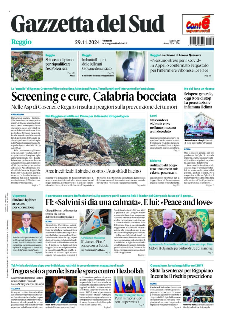 Prima-pagina-gazzetta-del-sud-calabria-di-oggi-29-11-2024