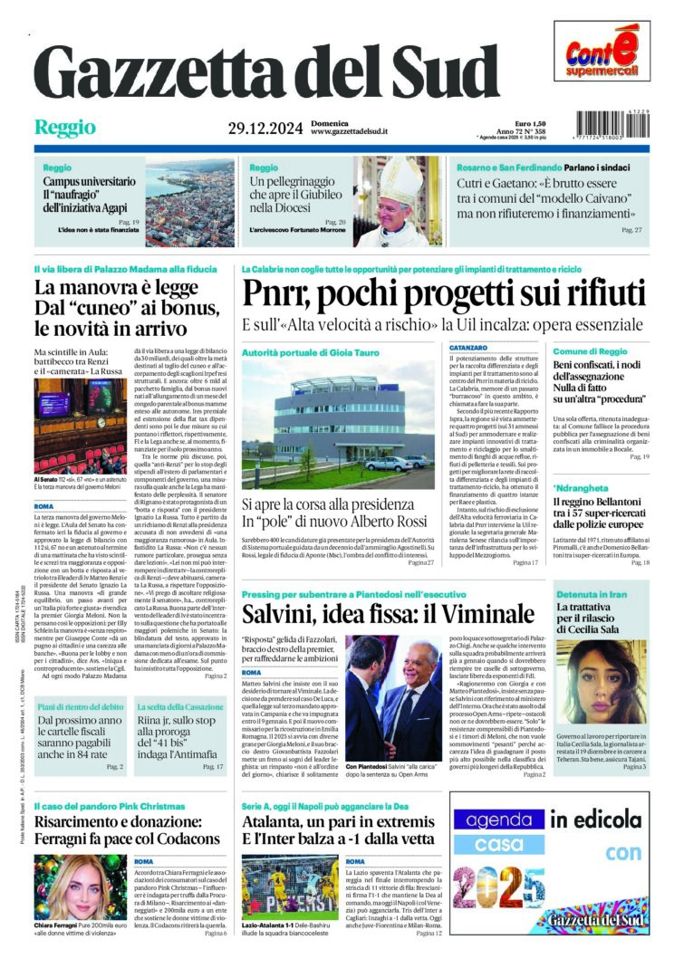 Prima-pagina-gazzetta-del-sud-calabria-di-oggi-29-12-2024