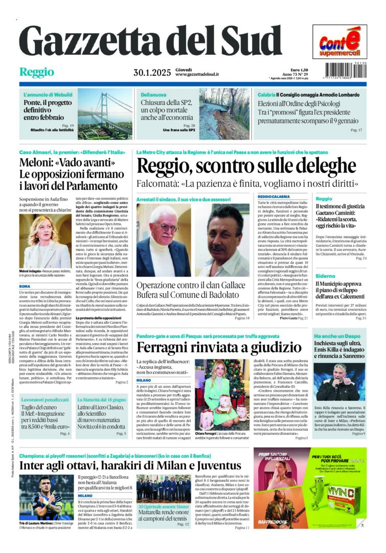 Prima-pagina-gazzetta-del-sud-calabria-di-oggi-30-01-2025