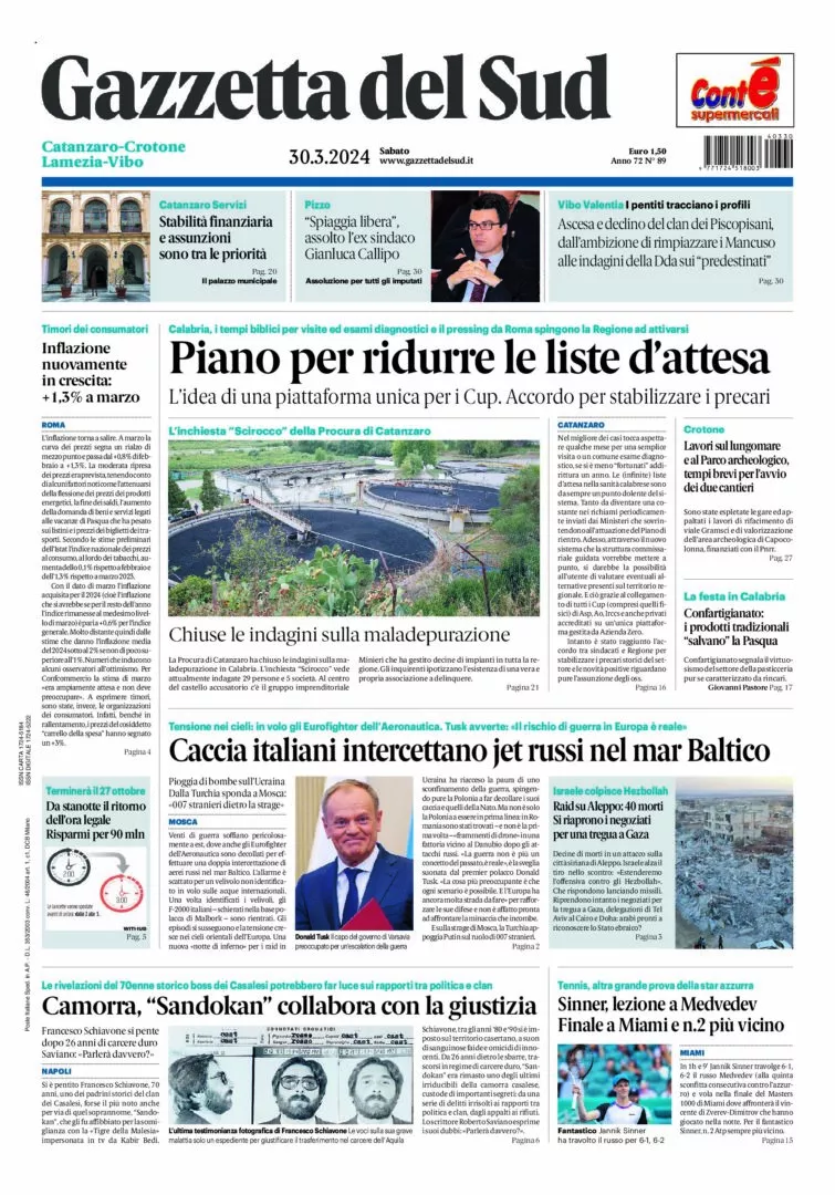 Prima-pagina-gazzetta-del-sud-calabria-di-oggi-30-03-2024