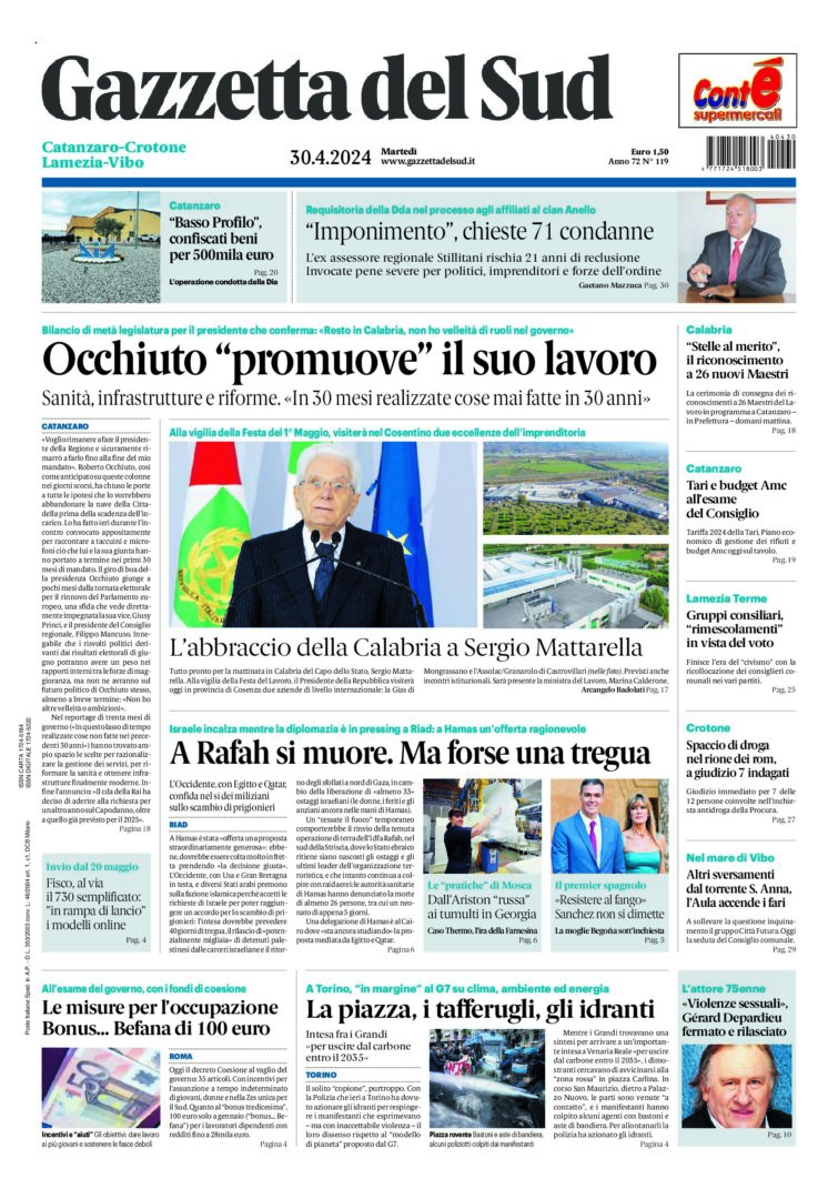 Prima-pagina-gazzetta-del-sud-calabria-di-oggi-30-04-2024