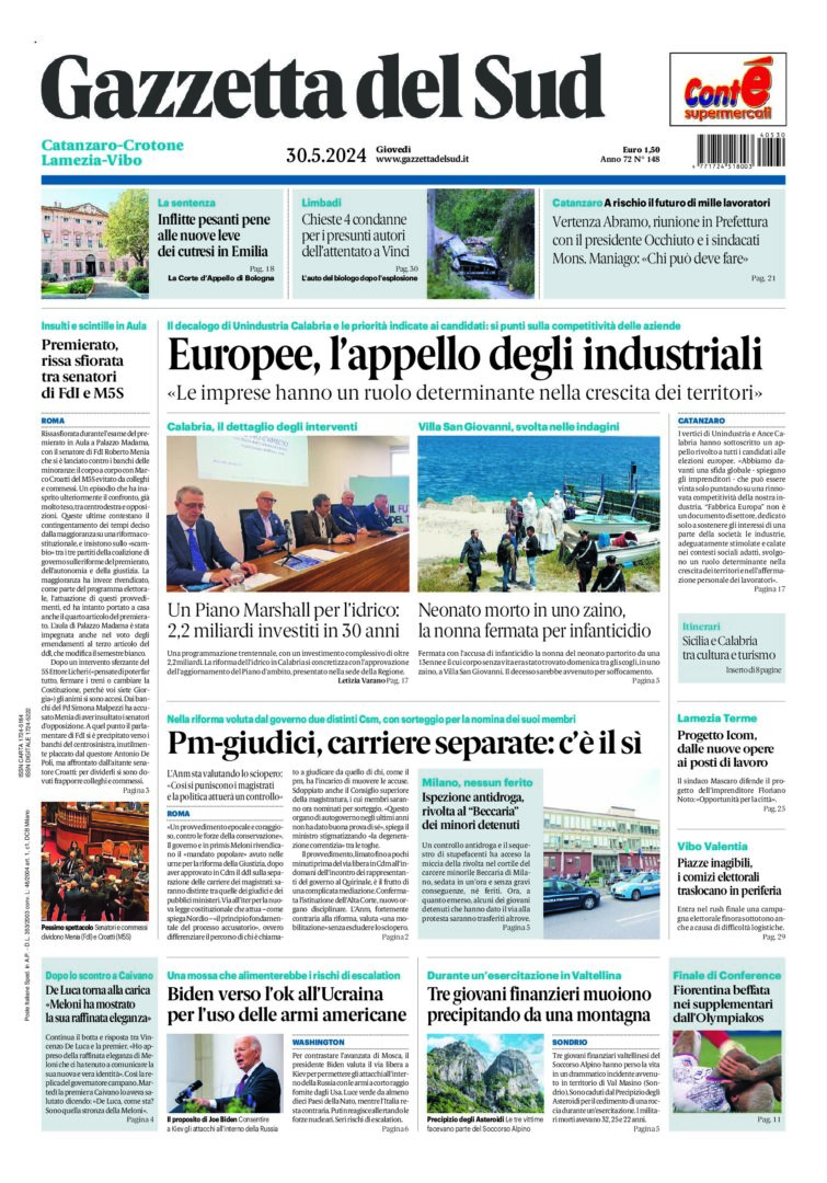 Prima-pagina-gazzetta-del-sud-calabria-di-oggi-30-05-2024