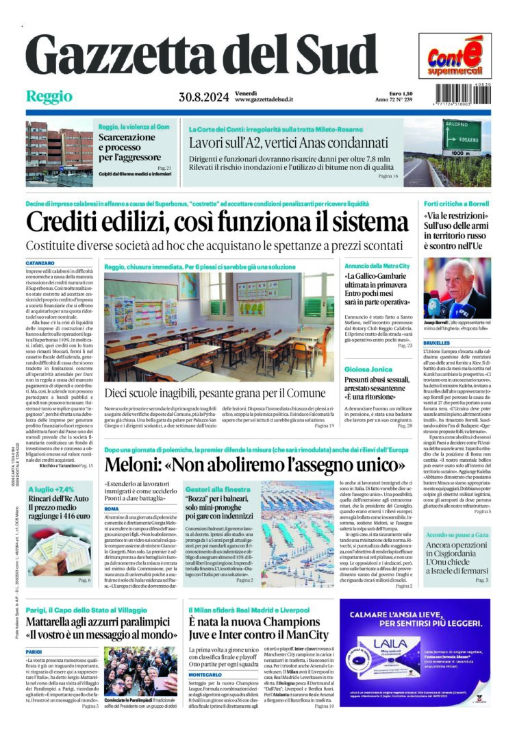 Prima-pagina-gazzetta-del-sud-calabria-di-oggi-30-08-2024