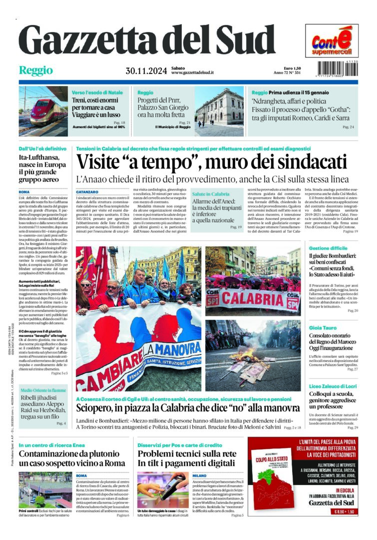 Prima-pagina-gazzetta-del-sud-calabria-di-oggi-30-11-2024