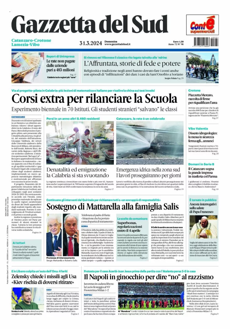 Prima-pagina-gazzetta-del-sud-calabria-di-oggi-31-03-2024