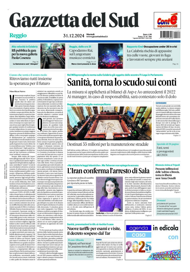 Prima-pagina-gazzetta-del-sud-calabria-di-oggi-31-12-2024