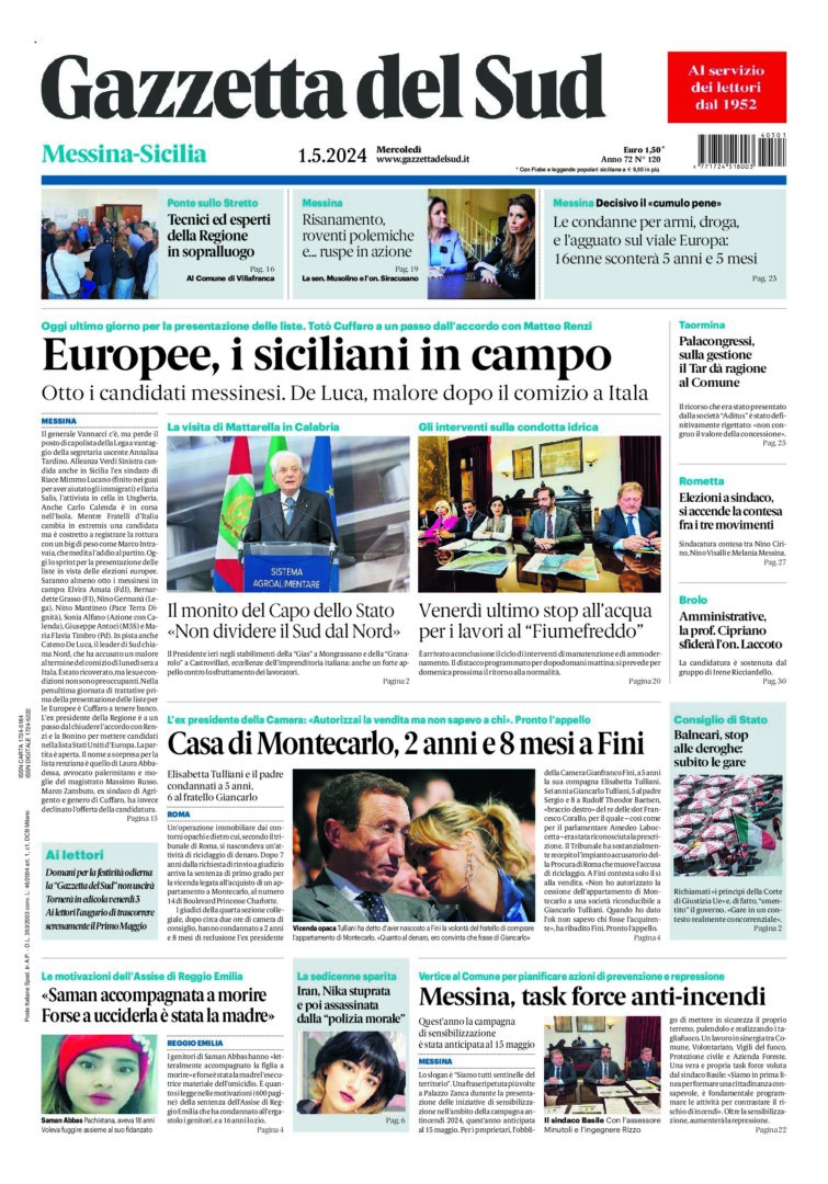 Prima-pagina-gazzetta-del-sud-messina-edizione-di-oggi-01-05-2024