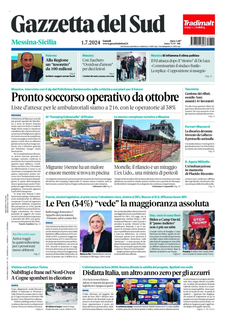 Prima-pagina-gazzetta-del-sud-messina-edizione-di-oggi-01-07-2024