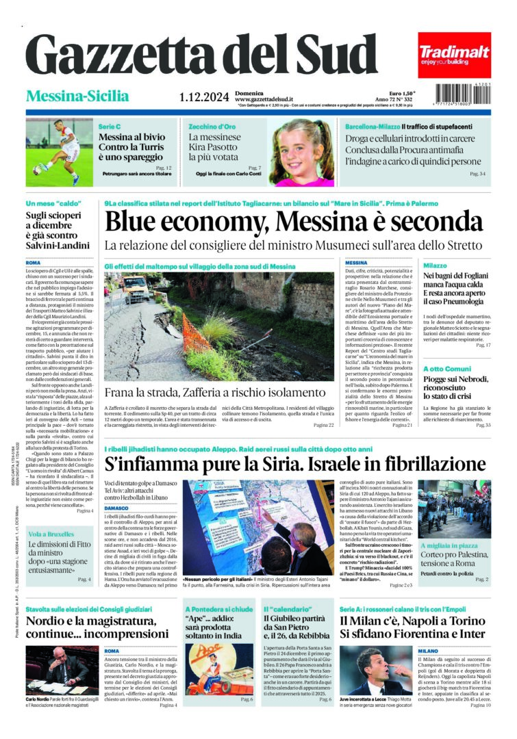 Prima-pagina-gazzetta-del-sud-messina-edizione-di-oggi-01-12-2024