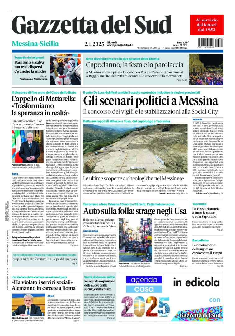 Prima-pagina-gazzetta-del-sud-messina-edizione-di-oggi-02-01-2025