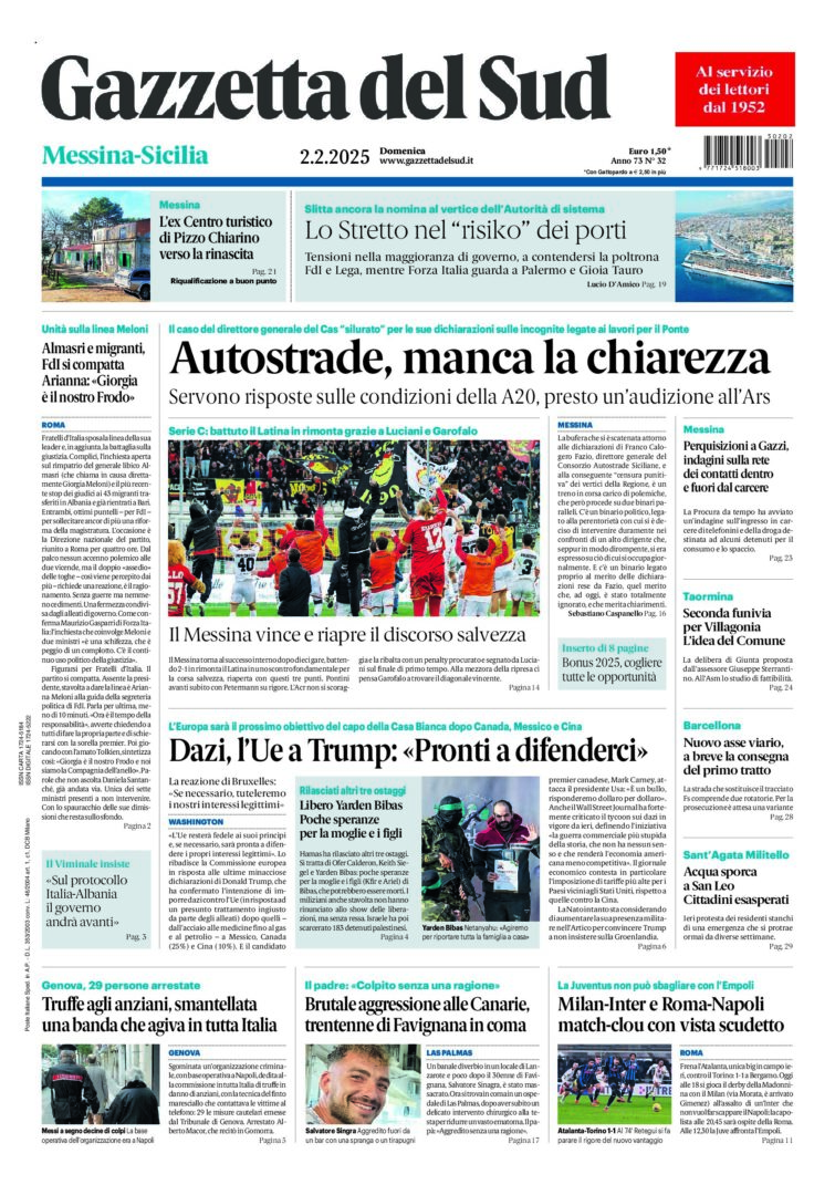 Prima-pagina-gazzetta-del-sud-messina-edizione-di-oggi-02-02-2025