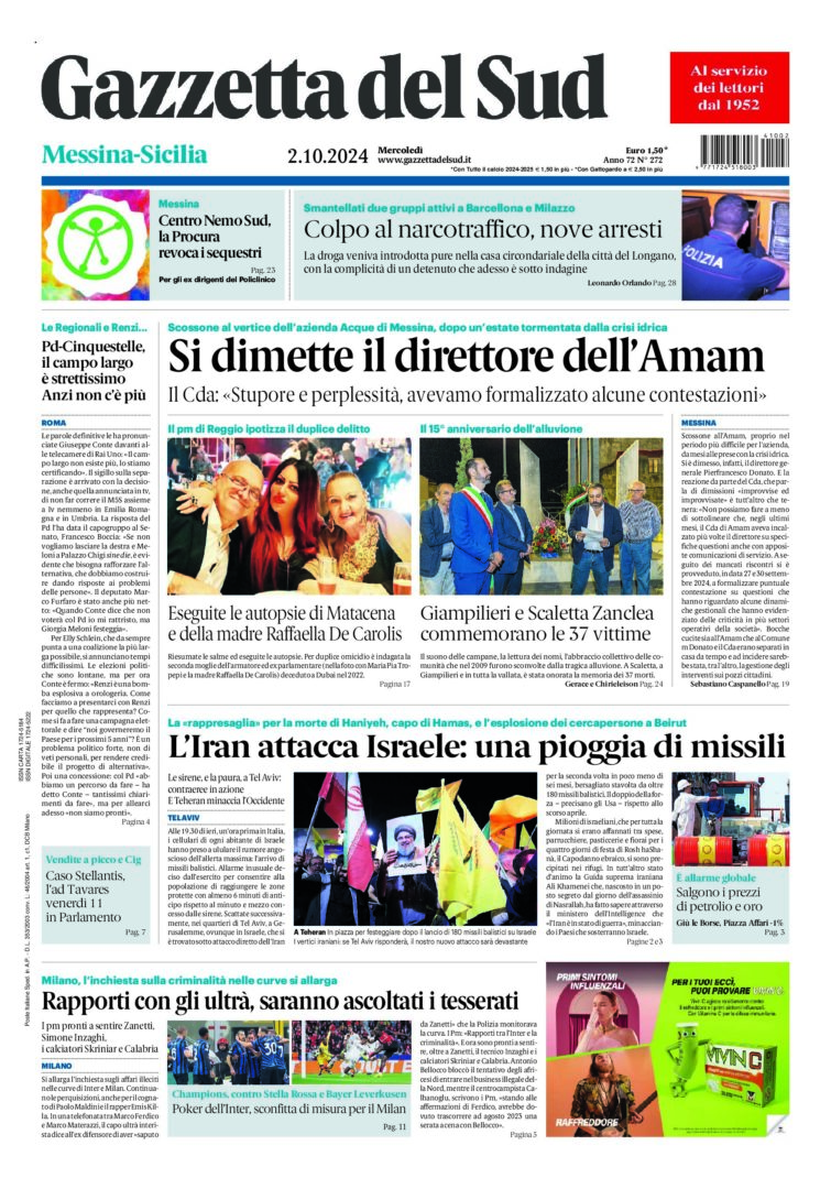 Prima-pagina-gazzetta-del-sud-messina-edizione-di-oggi-02-10-2024