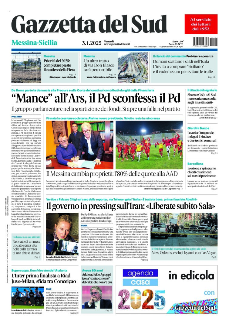 Prima-pagina-gazzetta-del-sud-messina-edizione-di-oggi-03-01-2025