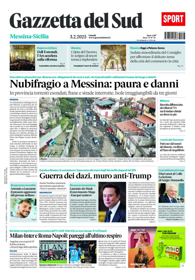 Prima-pagina-gazzetta-del-sud-messina-edizione-di-oggi-03-02-2025