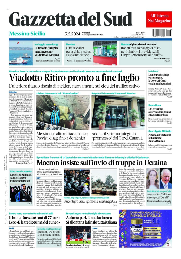 Prima-pagina-gazzetta-del-sud-messina-edizione-di-oggi-03-05-2024