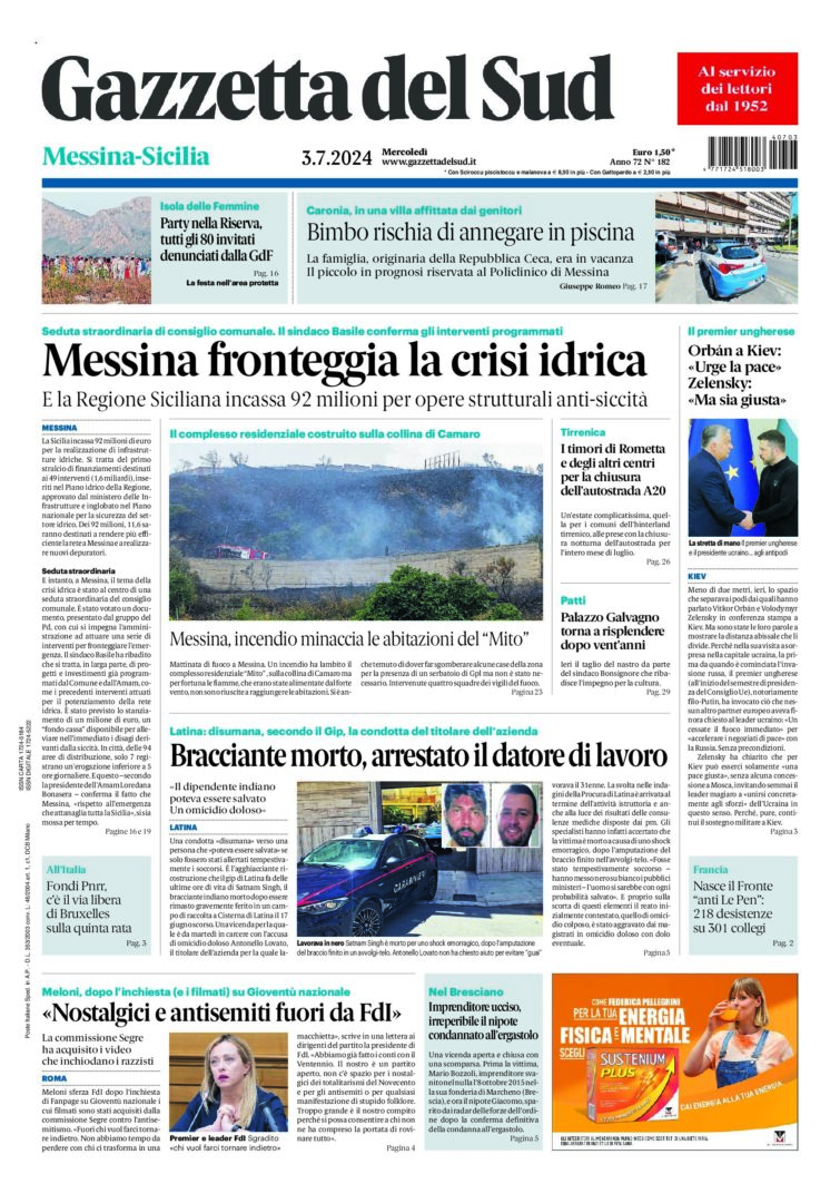 Prima-pagina-gazzetta-del-sud-messina-edizione-di-oggi-03-07-2024