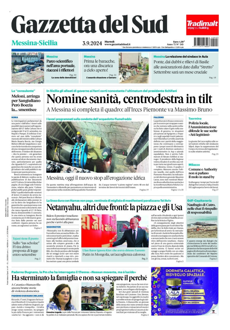 Prima-pagina-gazzetta-del-sud-messina-edizione-di-oggi-03-09-2024