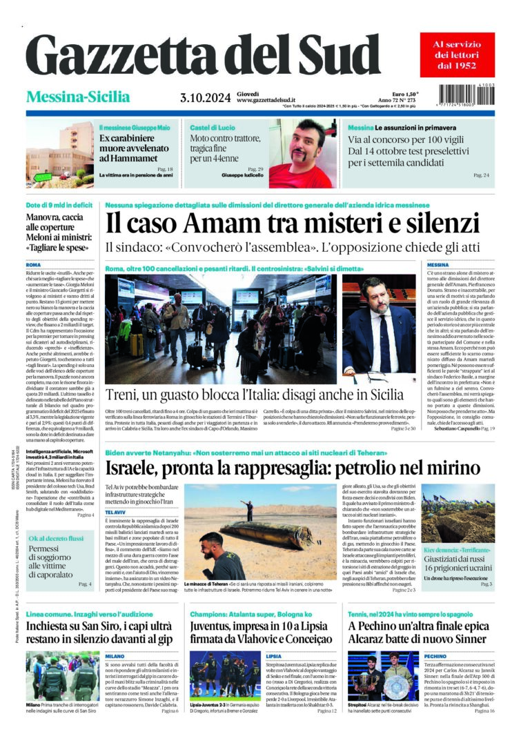 Prima-pagina-gazzetta-del-sud-messina-edizione-di-oggi-03-10-2024