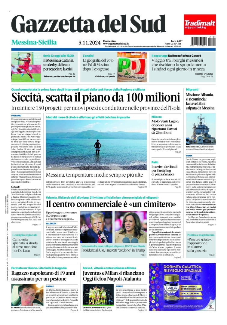 Prima-pagina-gazzetta-del-sud-messina-edizione-di-oggi-03-11-2024