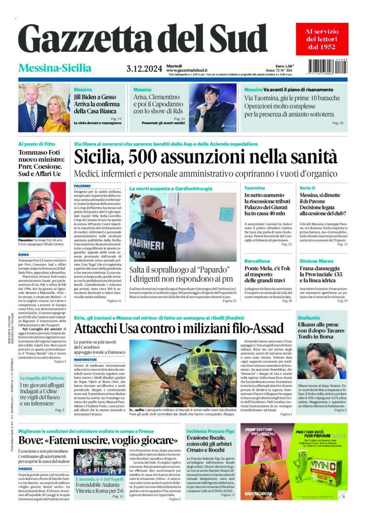 Prima-pagina-gazzetta-del-sud-messina-edizione-di-oggi-03-12-2024