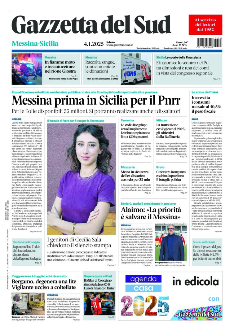 Prima-pagina-gazzetta-del-sud-messina-edizione-di-oggi-04-01-2025