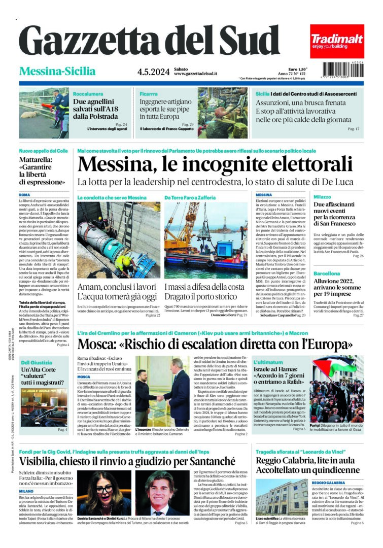 Prima-pagina-gazzetta-del-sud-messina-edizione-di-oggi-04-05-2024