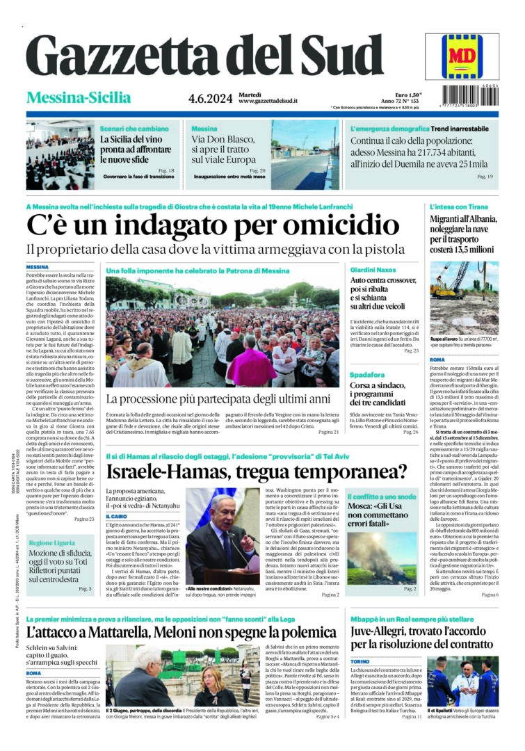 Prima-pagina-gazzetta-del-sud-messina-edizione-di-oggi-04-06-2024