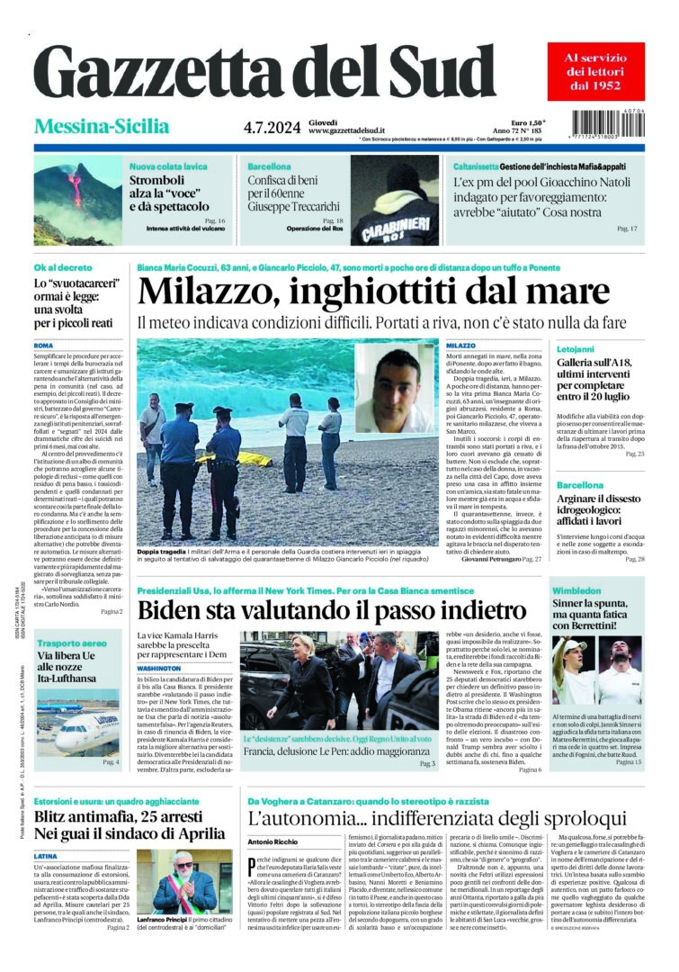 Prima-pagina-gazzetta-del-sud-messina-edizione-di-oggi-04-07-2024