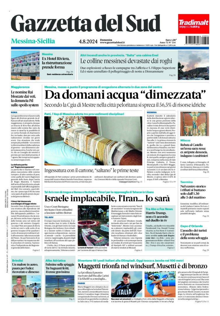 Prima-pagina-gazzetta-del-sud-messina-edizione-di-oggi-04-08-2024