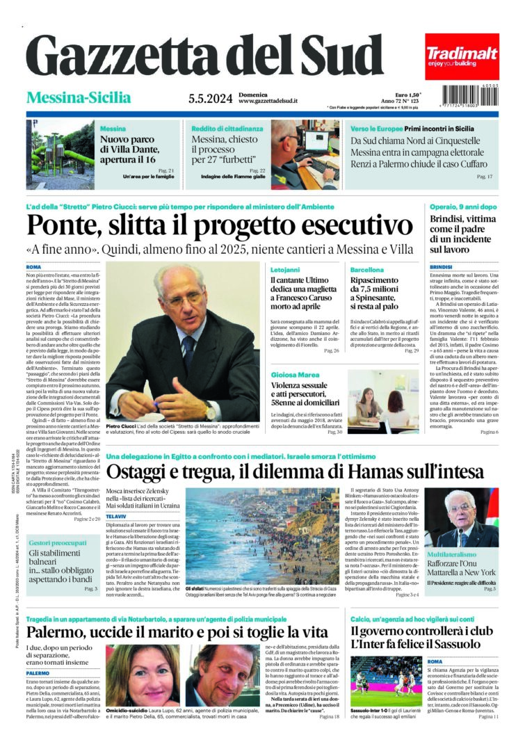 Prima-pagina-gazzetta-del-sud-messina-edizione-di-oggi-05-05-2024