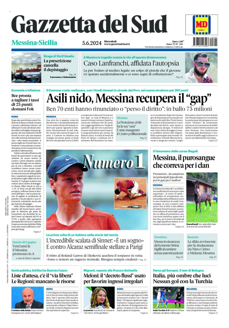 Prima-pagina-gazzetta-del-sud-messina-edizione-di-oggi-05-06-2024