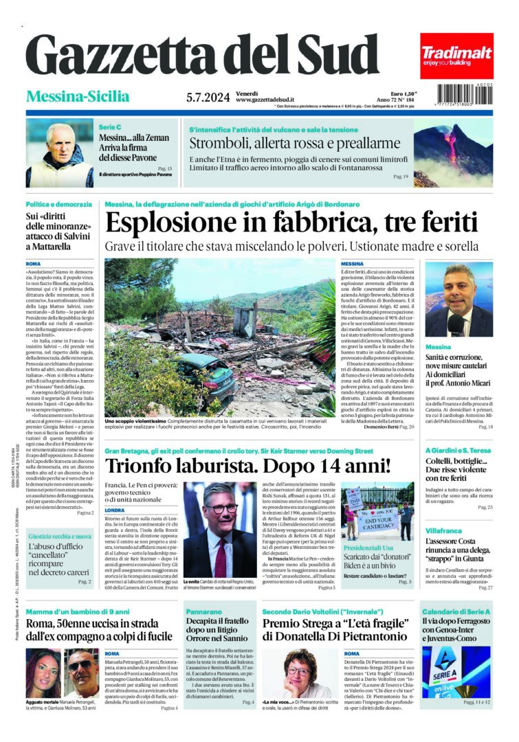 Prima-pagina-gazzetta-del-sud-messina-edizione-di-oggi-05-07-2024