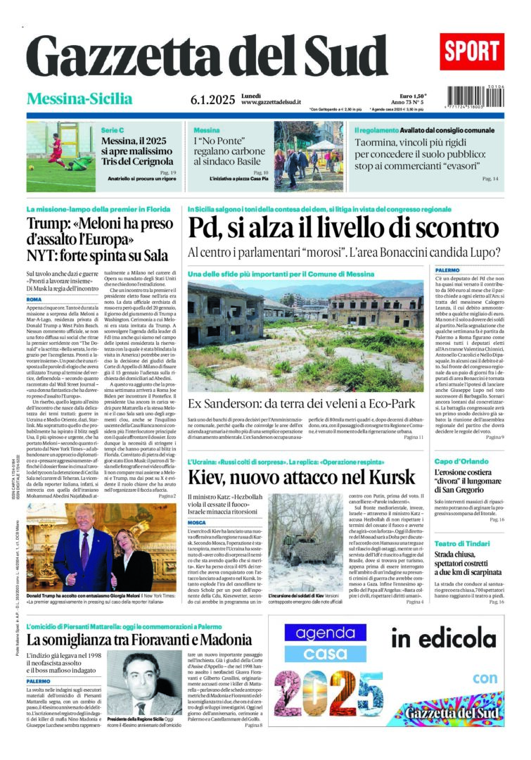 Prima-pagina-gazzetta-del-sud-messina-edizione-di-oggi-06-01-2025