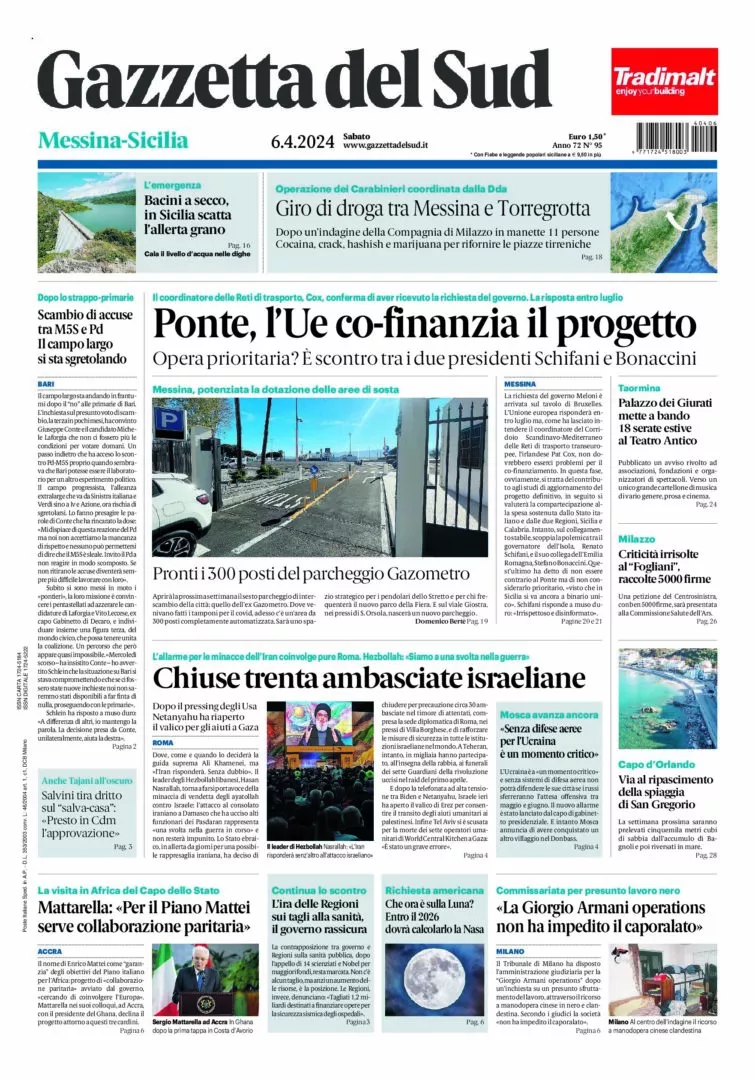 Prima-pagina-gazzetta-del-sud-messina-edizione-di-oggi-06-04-2024