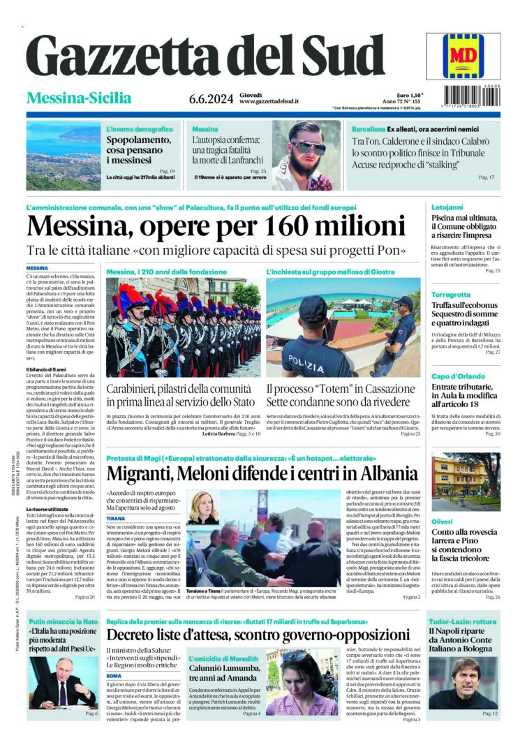 Prima-pagina-gazzetta-del-sud-messina-edizione-di-oggi-06-06-2024