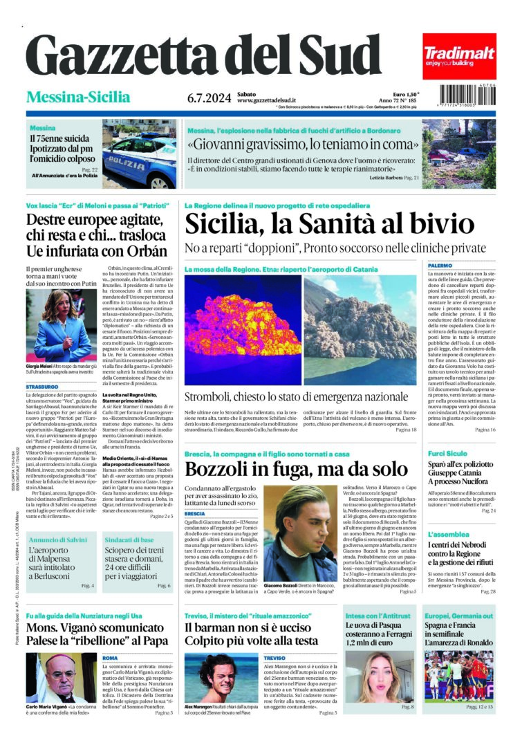 Prima-pagina-gazzetta-del-sud-messina-edizione-di-oggi-06-07-2024