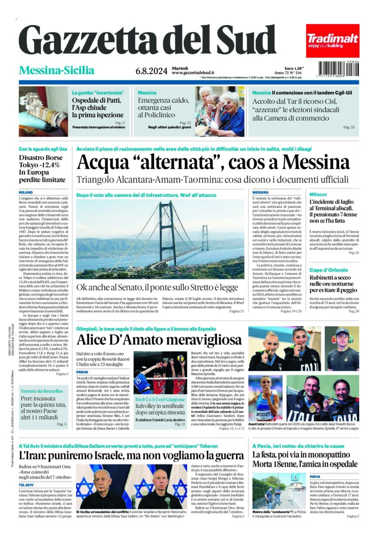 Prima-pagina-gazzetta-del-sud-messina-edizione-di-oggi-06-08-2024