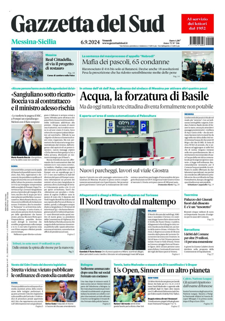 Prima-pagina-gazzetta-del-sud-messina-edizione-di-oggi-06-09-2024