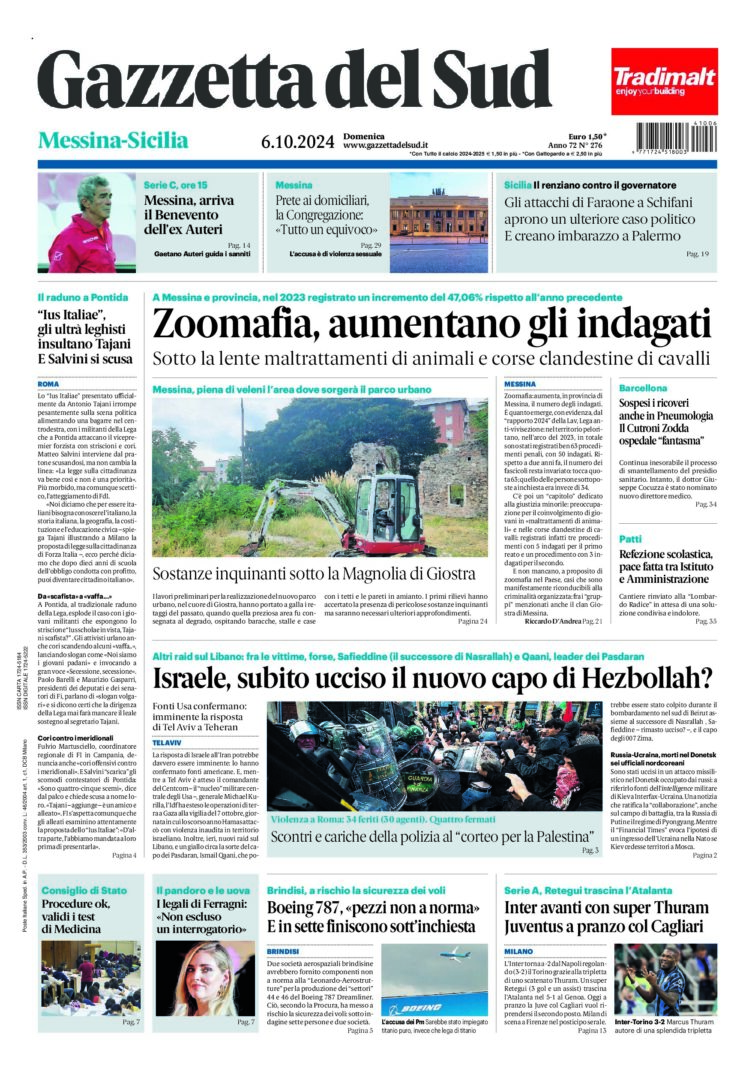 Prima-pagina-gazzetta-del-sud-messina-edizione-di-oggi-06-10-2024