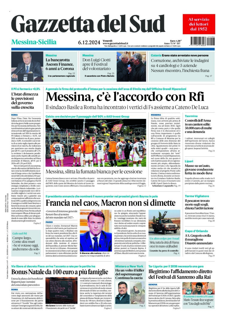 Prima-pagina-gazzetta-del-sud-messina-edizione-di-oggi-06-12-2024