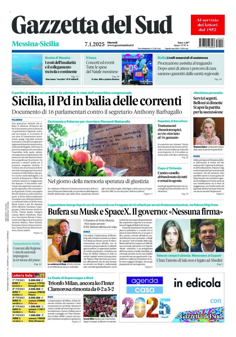 Prima-pagina-gazzetta-del-sud-messina-edizione-di-oggi-07-01-2025