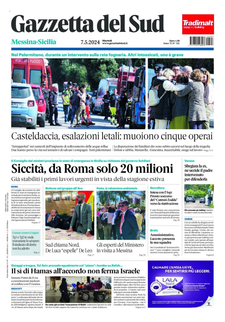 Prima-pagina-gazzetta-del-sud-messina-edizione-di-oggi-07-05-2024