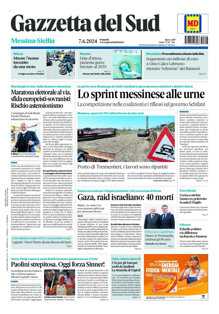 Prima-pagina-gazzetta-del-sud-messina-edizione-di-oggi-07-06-2024